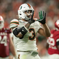 Jan 19, 2026; Miami Gardens, FL, USA; Miami Hurricanes defensive lineman Akheem Mesidor (3) celebrates after a sack against the Indiana Hoosiers in the third quarter during the College Football Playoff National Championship game at Hard Rock Stadium.
