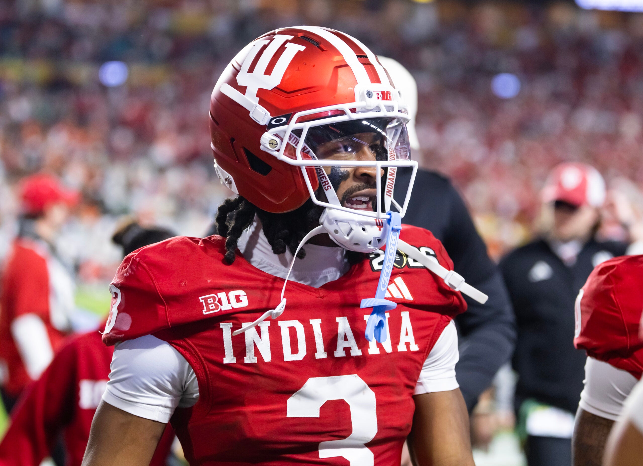 Jan 19, 2026; Miami Gardens, FL, USA; Indiana Hoosiers wide receiver Omar Cooper Jr. (3) against the Miami Hurricanes in the College Football Playoff National Championship game at Hard Rock Stadium.