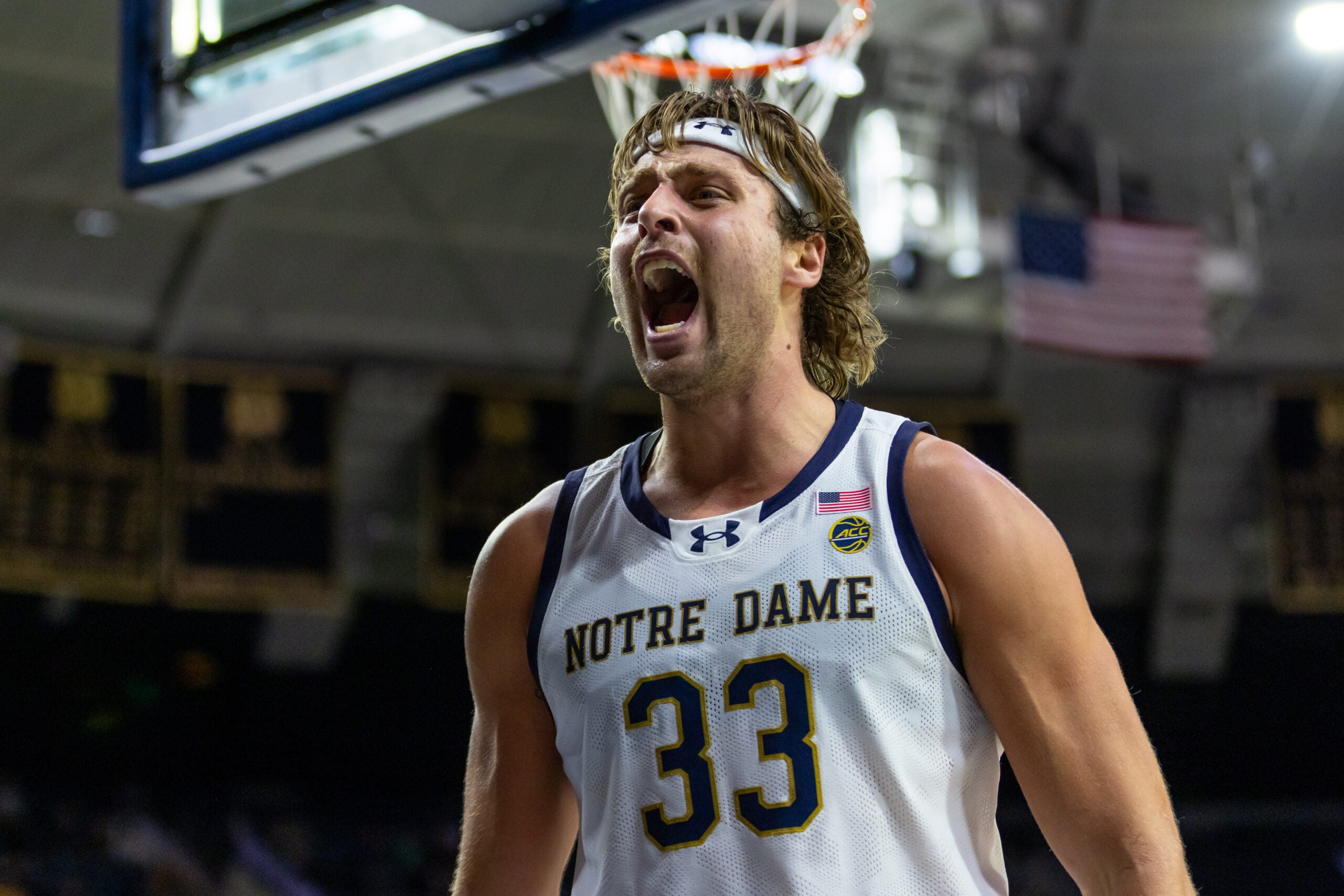 Jan 24, 2026; South Bend, Indiana, USA; Notre Dame Fighting Irish forward Carson Towt (33) celebrates against the Boston College Eagles during the second half at Purcell Pavilion at the Joyce Center. Mandatory Credit: Michael Caterina-Imagn Images