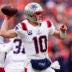 Jan 25, 2026; Denver, CO, USA; New England Patriots quarterback Drake Maye (10) drops back to pass against the Denver Broncos during the first half in the 2026 AFC Championship Game at Empower Field at Mile High.