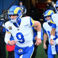 Jan 25, 2026; Seattle, WA, USA; Los Angeles Rams quarterback Matthew Stafford (9) walks on field before the 2026 NFC Championship Game against the Seattle Seahawks at Lumen Field.