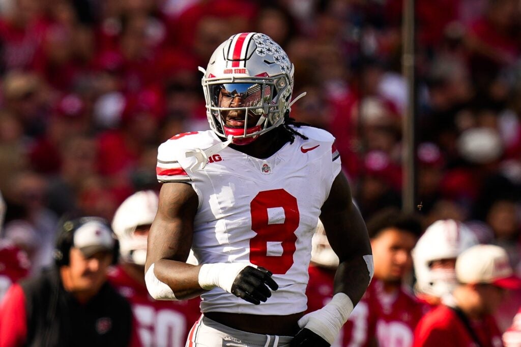 Ohio State Buckeyes linebacker Arvell Reese (8) reacts during the game against the Wisconsin Badgers at Camp Randall Stadium on Saturday, Oct. 18, 2025 in Madison, Wisconsin.