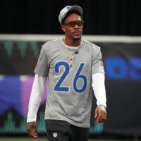 Feb 1, 2026; San Francisco, CA, USA; Chicago Bears cornerback Nahshon Wright (26) during NFC practice at the Flag Fieldhouse Moscone Center South Building.