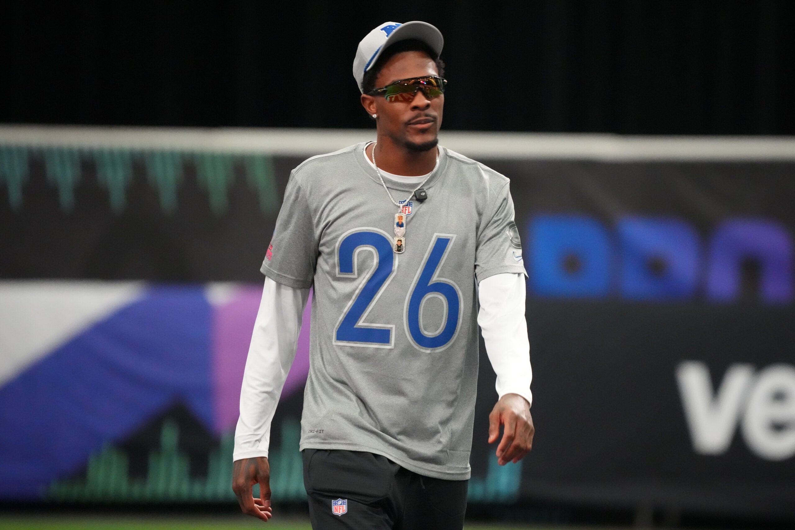 Feb 1, 2026; San Francisco, CA, USA; Chicago Bears cornerback Nahshon Wright (26) during NFC practice at the Flag Fieldhouse Moscone Center South Building.