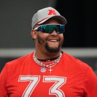 Feb 1, 2026; San Francisco, CA, USA; Buffalo Bills tackle Dion Dawkins (73) during AFC practice at the Flag Fieldhouse Moscone Center South Building.
