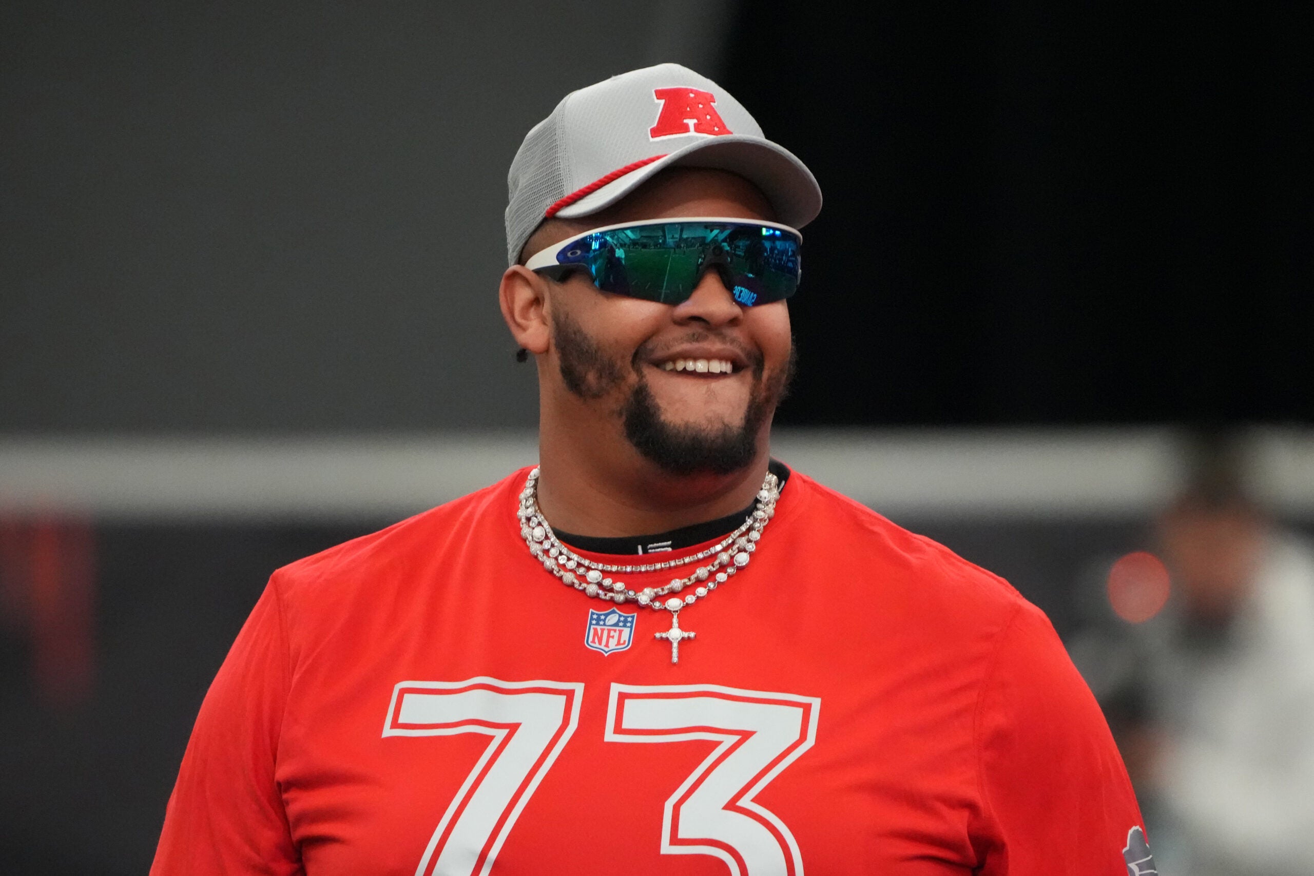 Feb 1, 2026; San Francisco, CA, USA; Buffalo Bills tackle Dion Dawkins (73) during AFC practice at the Flag Fieldhouse Moscone Center South Building.