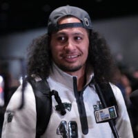 Feb 2, 2026; San Jose, CA, USA; New England Patriots linebacker Jahlani Tavai (48) speaks to media during Opening Night for Super Bowl LX at San Jose Convention Center.