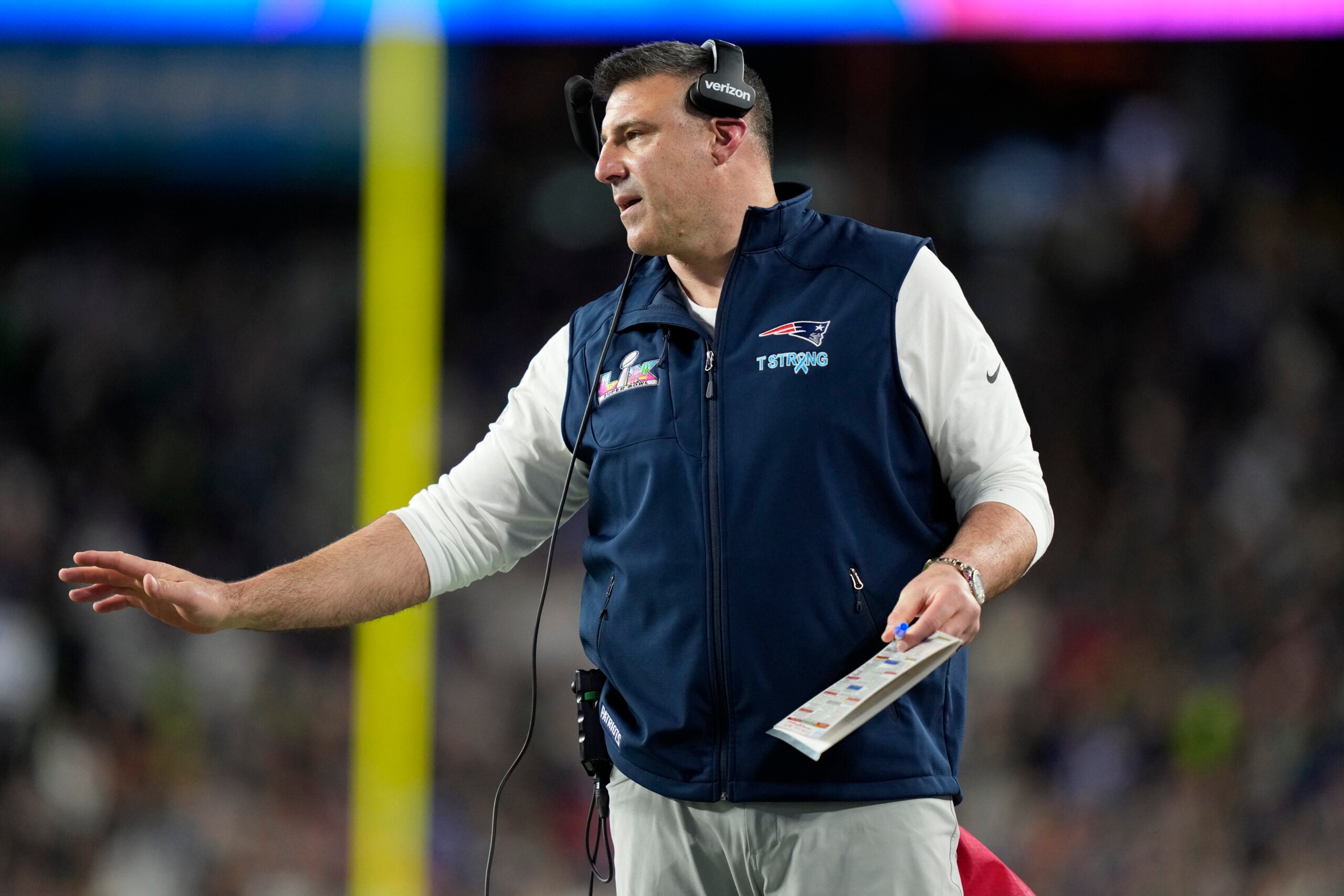 Feb 8, 2026; Santa Clara, CA, USA; New England Patriots head coach Mike Vrabel looks on during the fourth quarter against the Seattle Seahawks in Super Bowl LX at Levi's Stadium.
