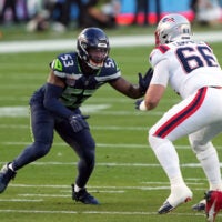 Feb 8, 2026; Santa Clara, CA, USA; Seattle Seahawks linebacker Boye Mafe (53) rushes against New England Patriots offensive tackle Will Campbell (66) during the second quarter in Super Bowl LX at Levi's Stadium.