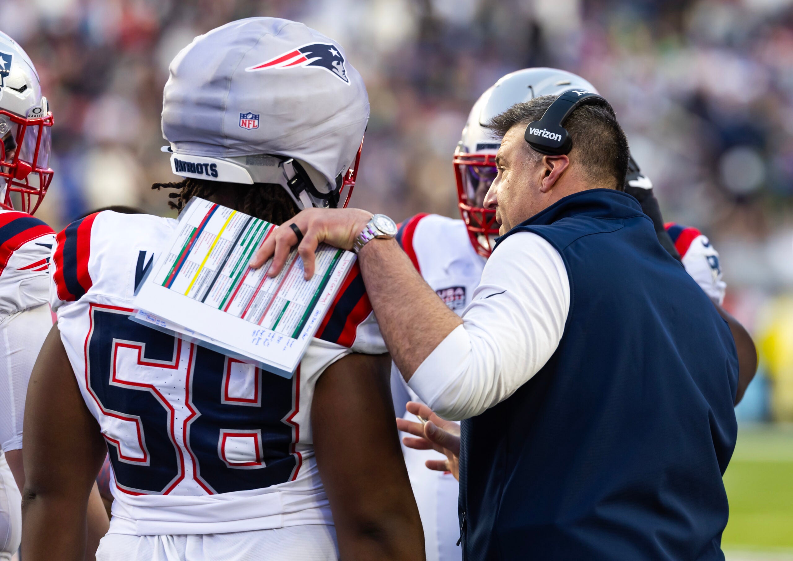 Feb 8, 2026; Santa Clara, CA, USA; New England Patriots head coach Mike Vrabel in the huddle with guard Jared Wilson (58) against the Seattle Seahawks during Super Bowl LX at Levi's Stadium.