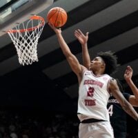 Alabama guard Aden Holloway (2) goes to the basket against South Carolina guard Kobe Knox (4) at Coleman Coliseum. Alabama defeated South Carolina 89-75.