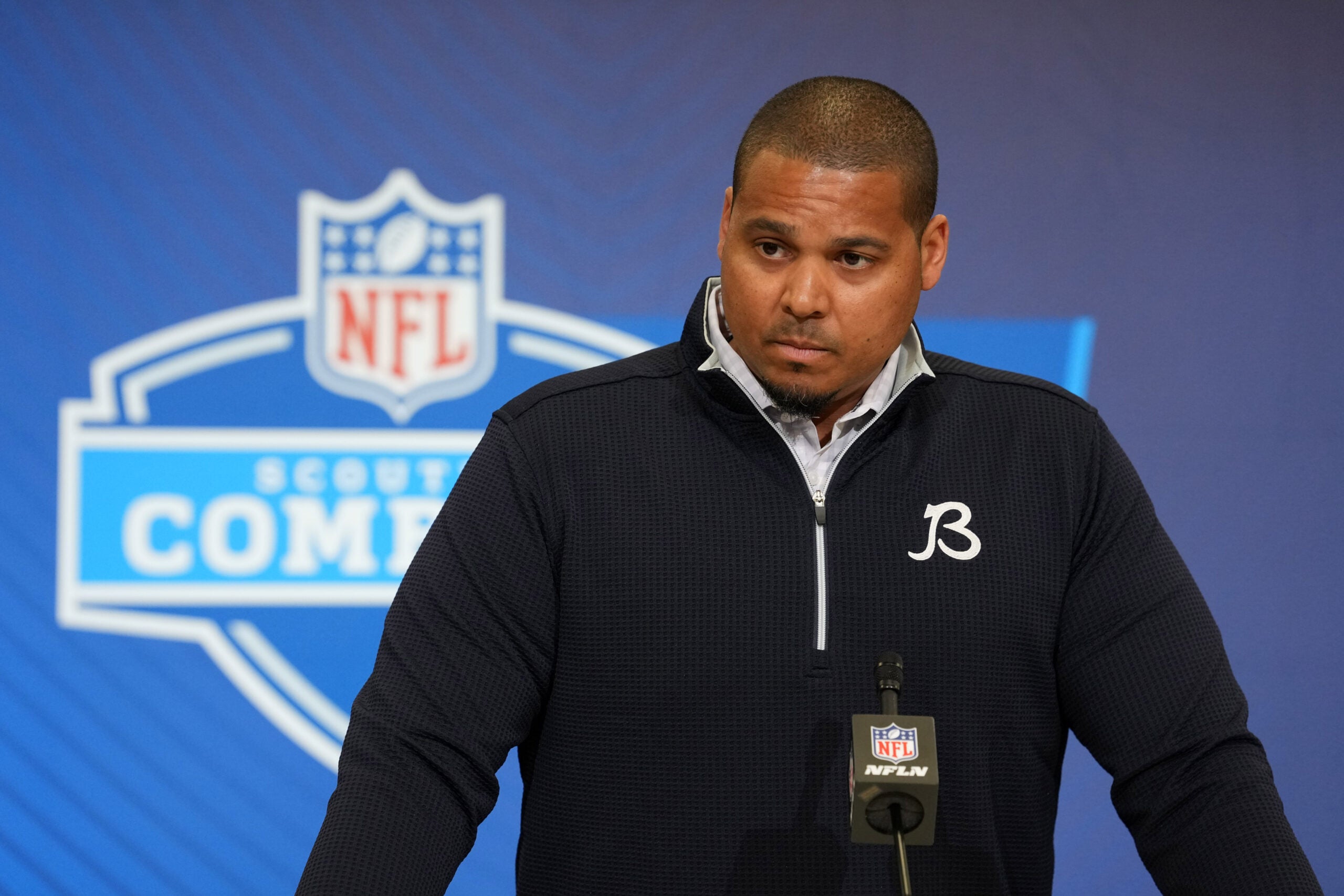 Feb 24, 2026; Indianapolis, IN, USA; Chicago Bears general manager Ryan Poles speaks at the NFL Scouting Combine at the Indiana Convention Center.
