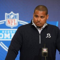 Feb 24, 2026; Indianapolis, IN, USA; Chicago Bears general manager Ryan Poles speaks at the NFL Scouting Combine at the Indiana Convention Center.
