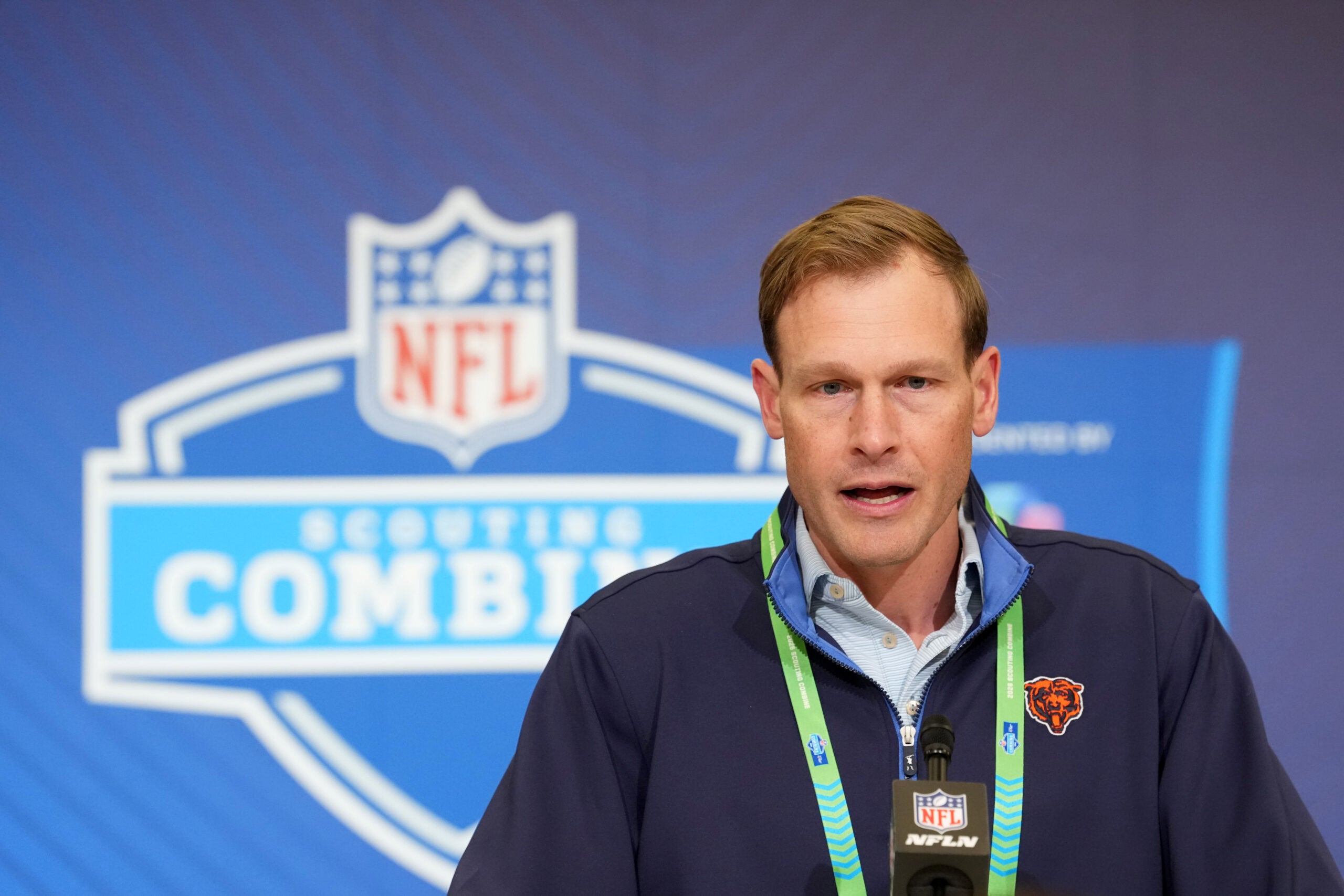Feb 24, 2026; Indianapolis, IN, USA; Chicago Bears coach Ben Johnson speaks at the NFL Scouting Combine at the Indiana Convention Center.