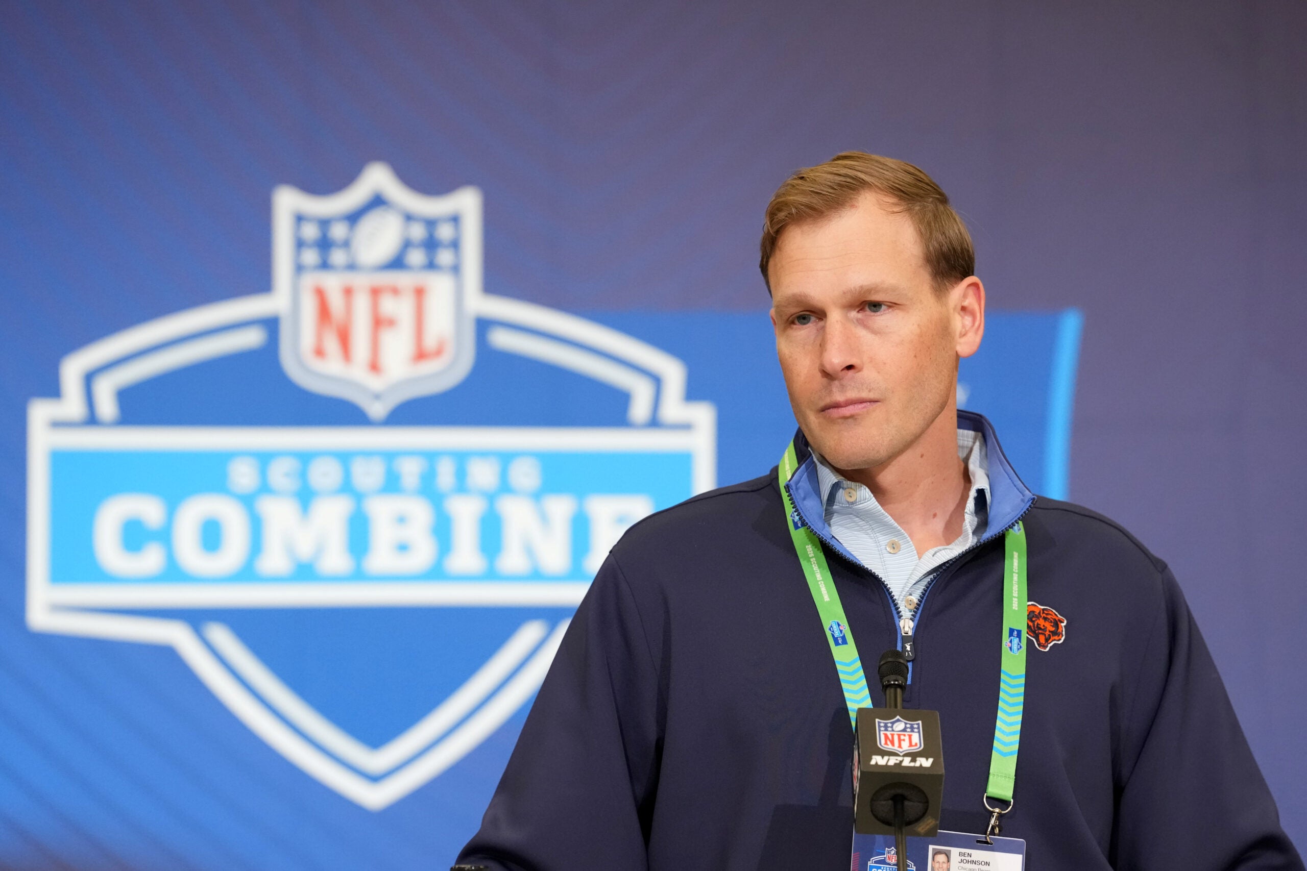 Feb 24, 2026; Indianapolis, IN, USA; Chicago Bears coach Ben Johnson speaks at the NFL Scouting Combine at the Indiana Convention Center.