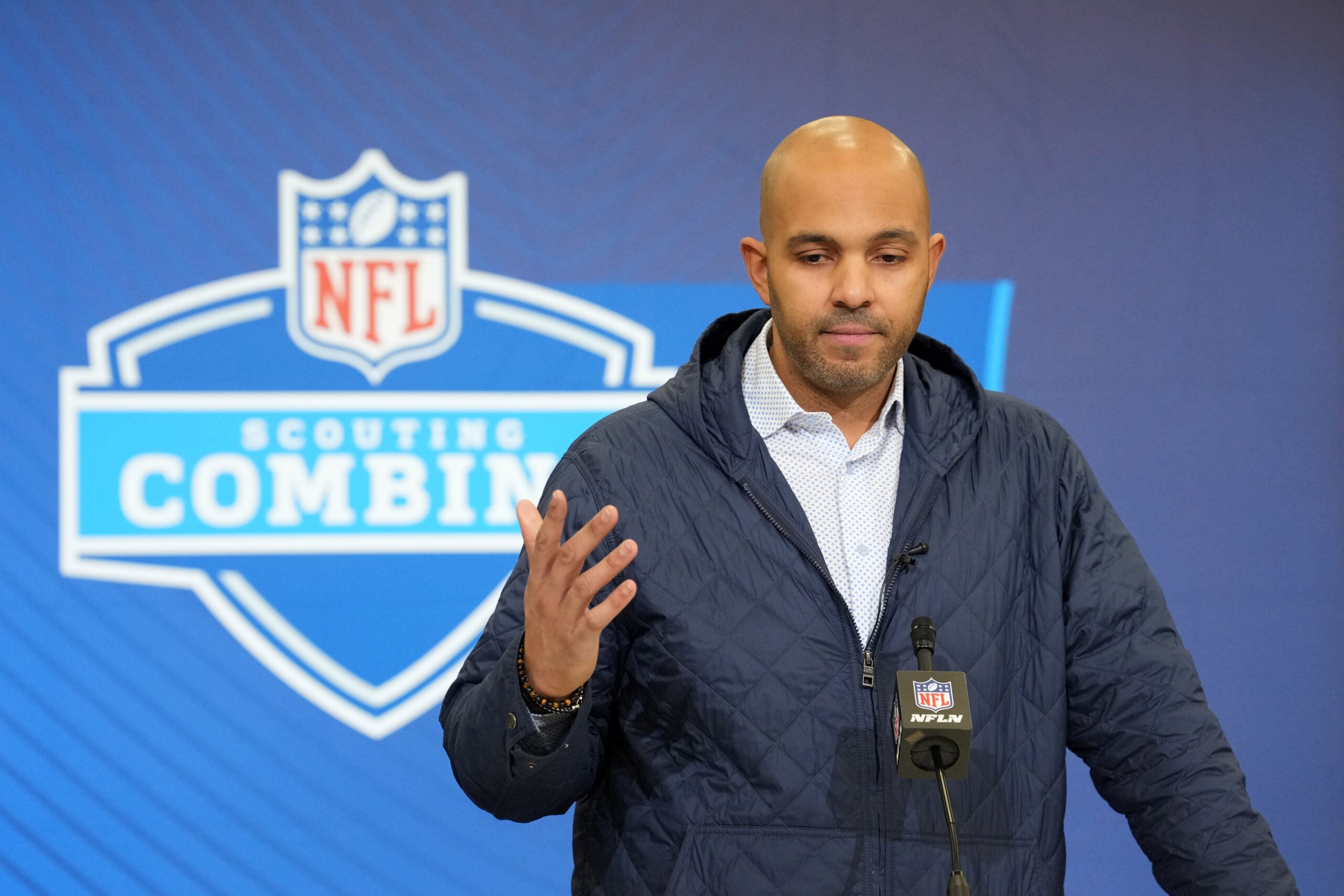 Feb 24, 2026; Indianapolis, IN, USA; Atlanta Falcons general manager Ian Cunningham speaks at the NFL Scouting Combine at the Indiana Convention Center.
