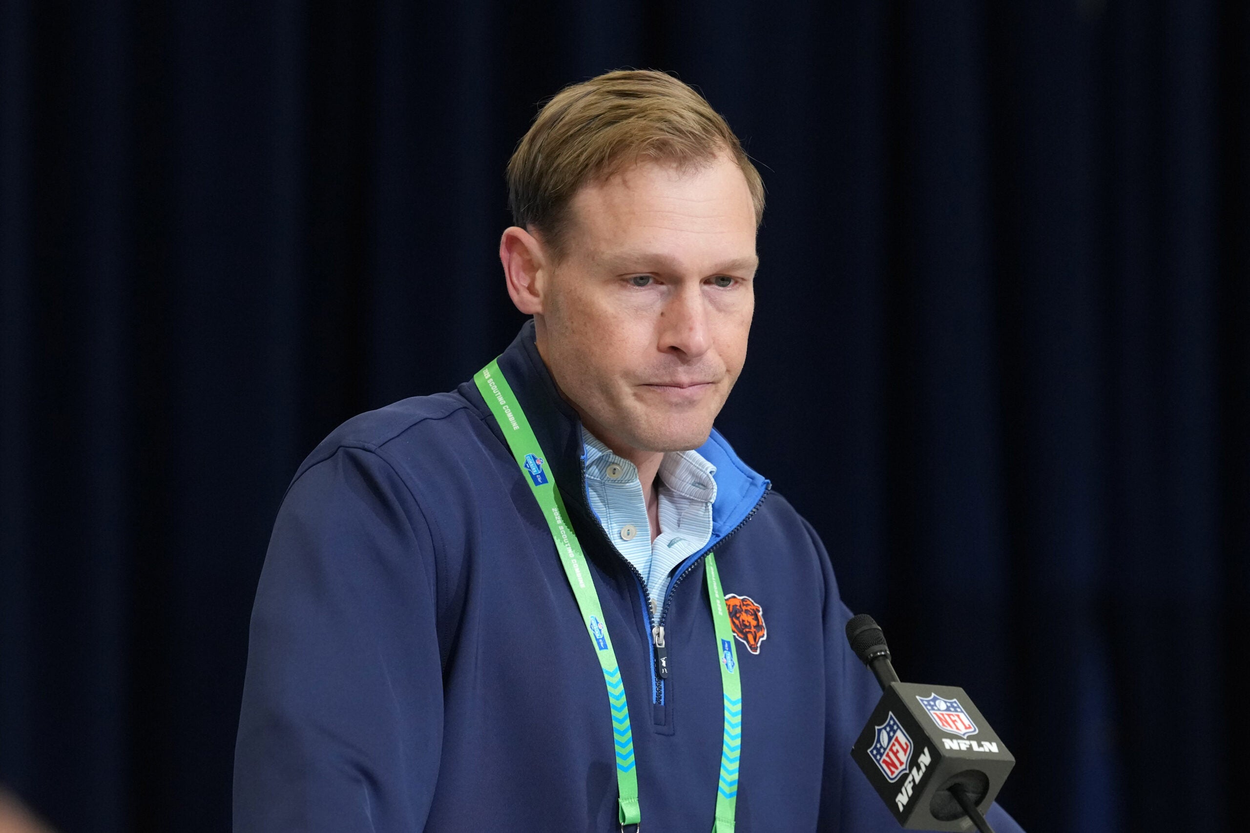 Feb 24, 2026; Indianapolis, IN, USA; Chicago Bears coach Ben Johnson speaks at the NFL Scouting Combine at the Indiana Convention Center.