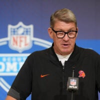 Feb 24, 2026; Indianapolis, IN, USA; Tampa Bay Buccaneers general manager Jason Licht speaks at the NFL Scouting Combine at the Indiana Convention Center.