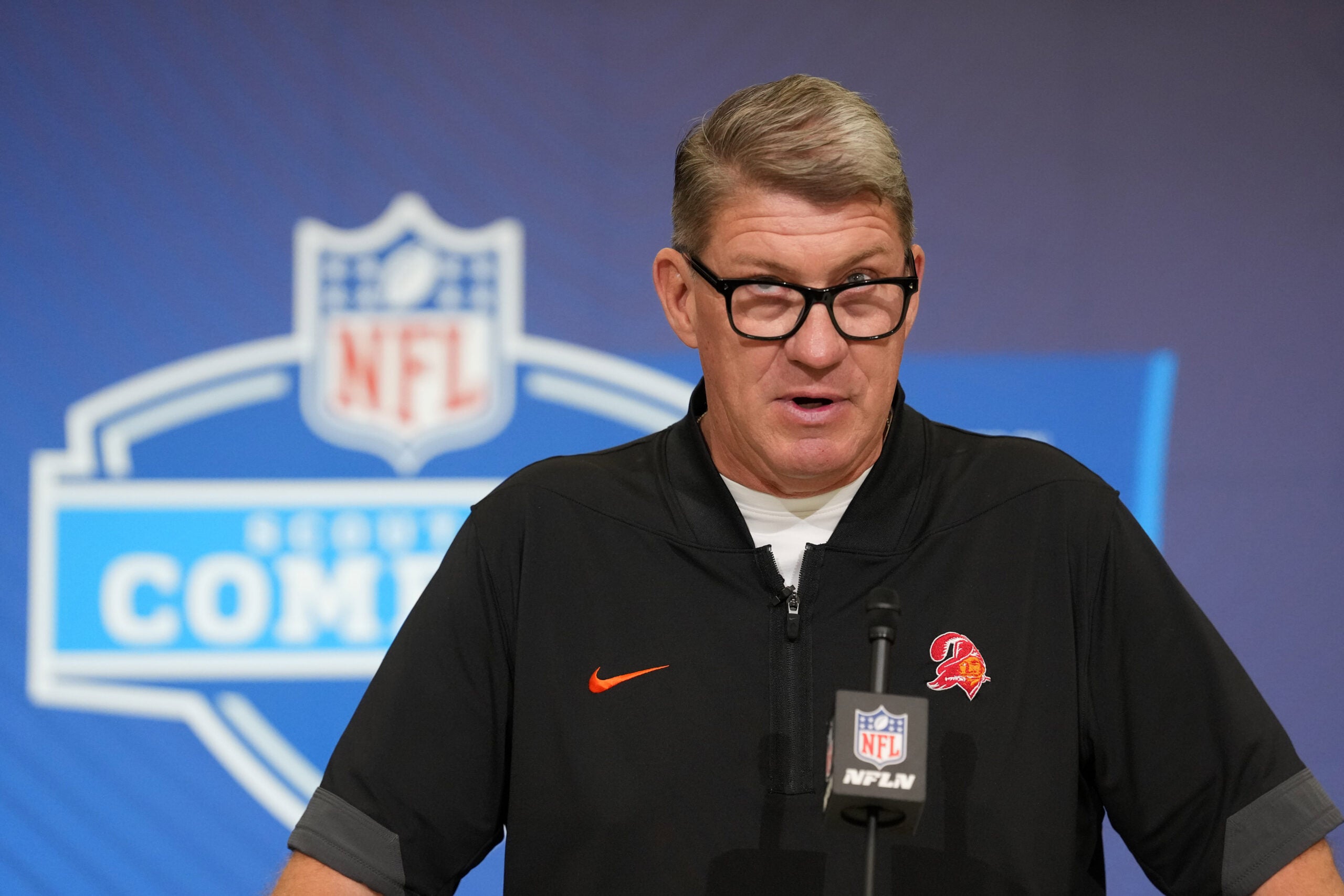 Feb 24, 2026; Indianapolis, IN, USA; Tampa Bay Buccaneers general manager Jason Licht speaks at the NFL Scouting Combine at the Indiana Convention Center.