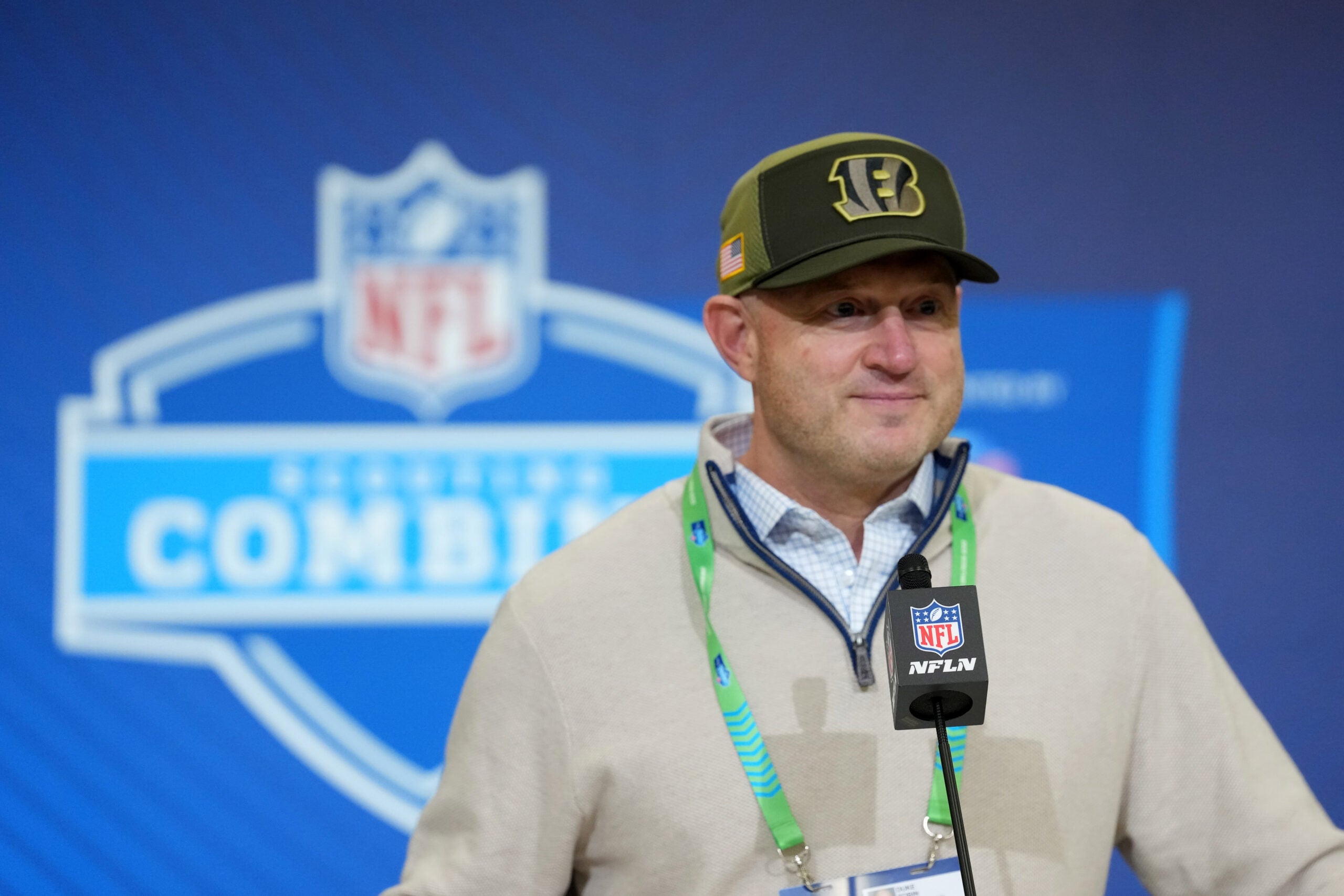 Feb 24, 2026; Indianapolis, IN, USA; Cincinnati Bengals general manager Duke Tobin speaks at the NFL Scouting Combine at the Indiana Convention Center.