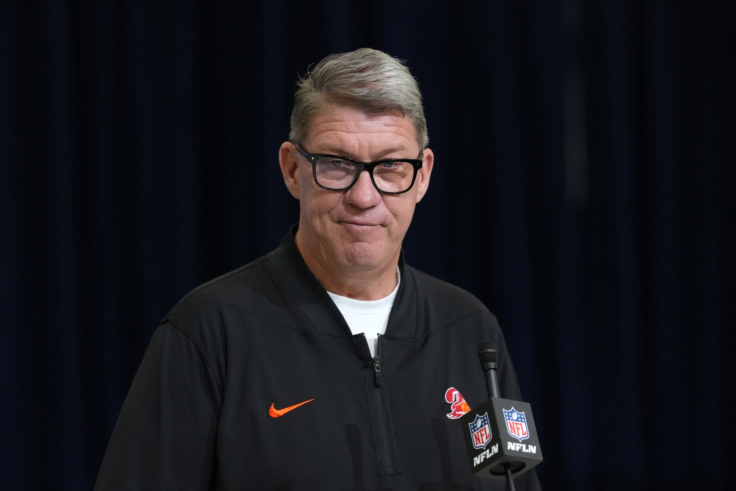Feb 24, 2026; Indianapolis, IN, USA; Tampa Bay Buccaneers general manager Jason Licht speaks at the NFL Scouting Combine at the Indiana Convention Center.