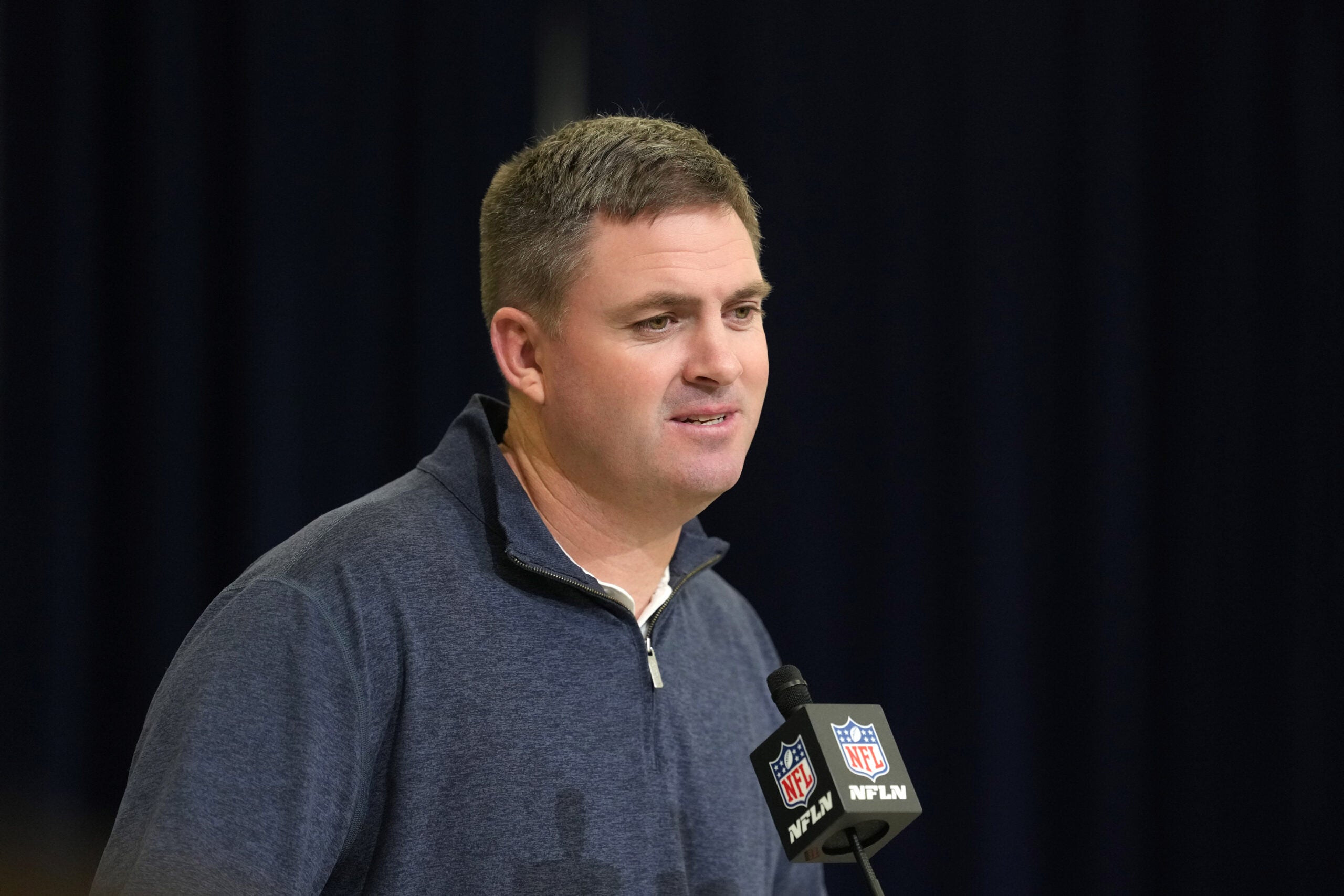 Feb 24, 2026; Indianapolis, IN, USA; Cincinnati Bengals coach Zac Taylor speaks at the NFL Scouting Combine at the Indiana Convention Center.