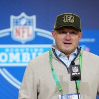 Feb 24, 2026; Indianapolis, IN, USA; Cincinnati Bengals general manager Duke Tobin speaks at the NFL Scouting Combine at the Indiana Convention Center.