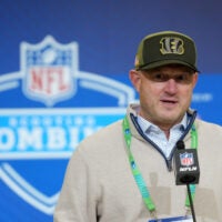Feb 24, 2026; Indianapolis, IN, USA; Cincinnati Bengals general manager Duke Tobin speaks at the NFL Scouting Combine at the Indiana Convention Center.