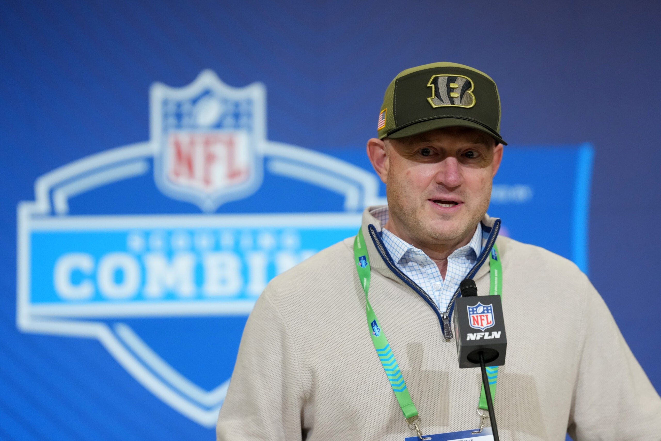 Feb 24, 2026; Indianapolis, IN, USA; Cincinnati Bengals general manager Duke Tobin speaks at the NFL Scouting Combine at the Indiana Convention Center.