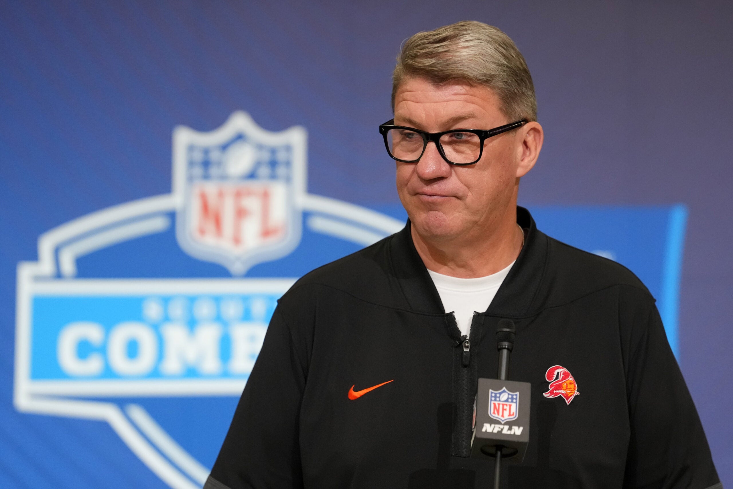 Feb 24, 2026; Indianapolis, IN, USA; Tampa Bay Buccaneers general manager Jason Licht speaks at the NFL Scouting Combine at the Indiana Convention Center.