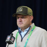 Feb 24, 2026; Indianapolis, IN, USA; Cincinnati Bengals general manager Duke Tobin speaks at the NFL Scouting Combine at the Indiana Convention Center.