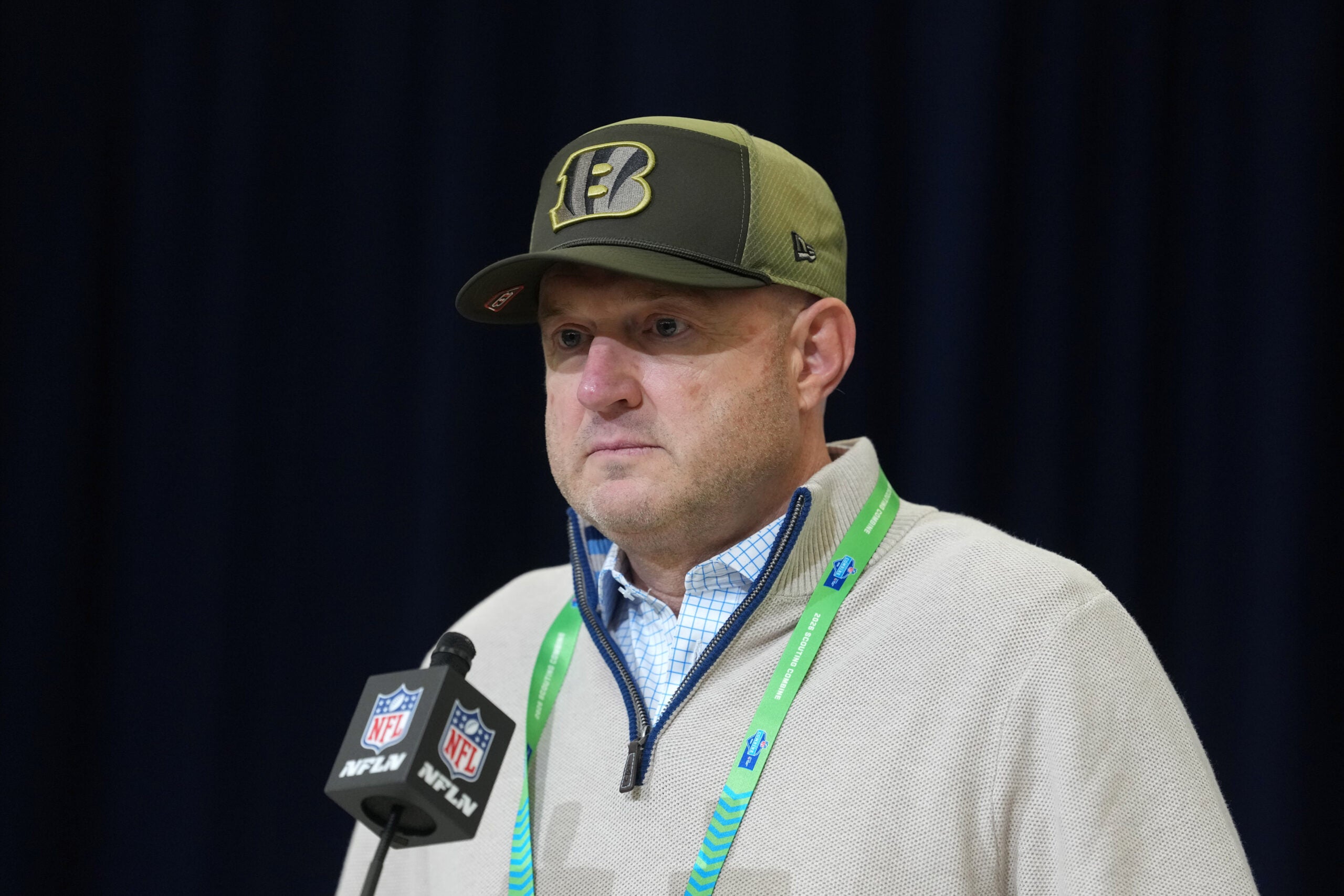 Feb 24, 2026; Indianapolis, IN, USA; Cincinnati Bengals general manager Duke Tobin speaks at the NFL Scouting Combine at the Indiana Convention Center.