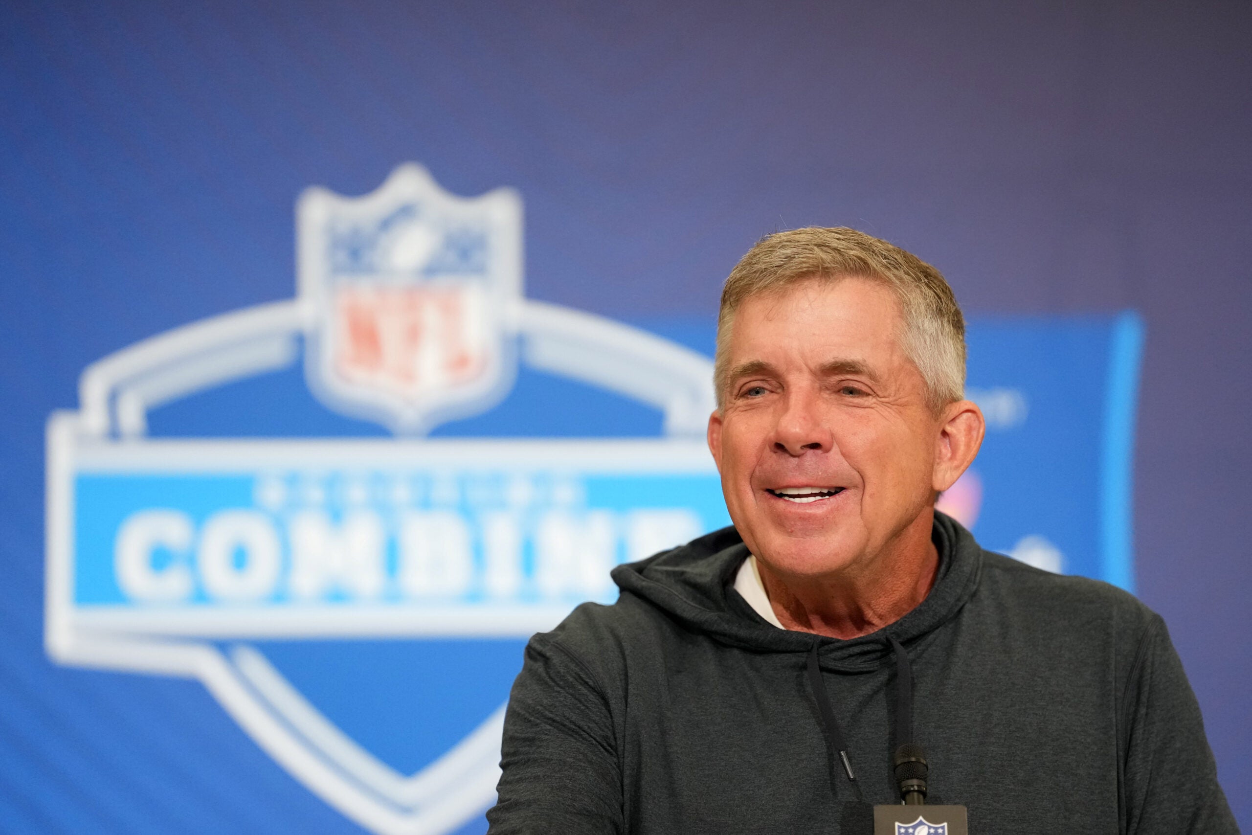 Feb 24, 2026; Indianapolis, IN, USA; Denver Broncos coach Sean Payton speaks at the NFL Scouting Combine at the Indiana Convention Center.