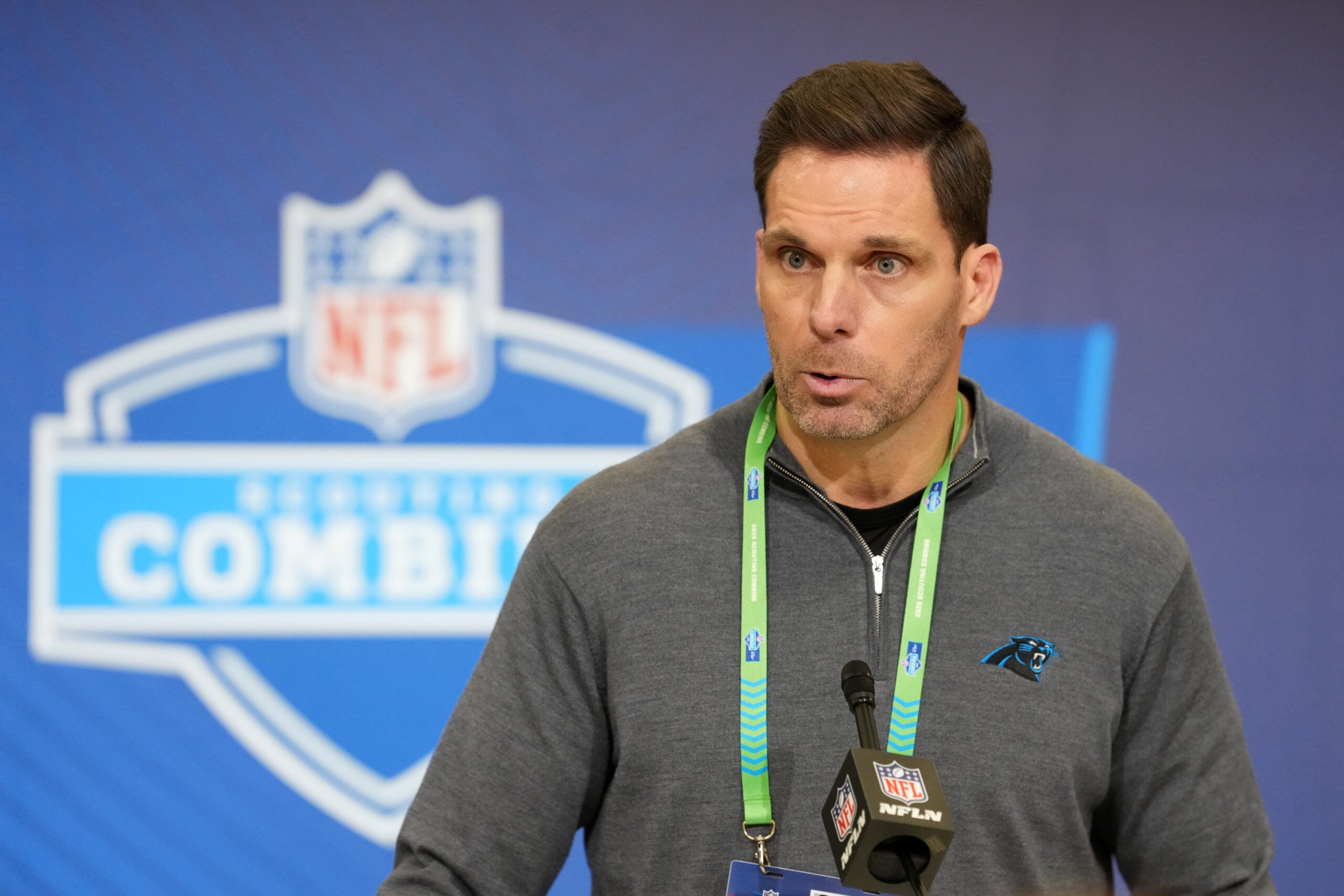 Feb 24, 2026; Indianapolis, IN, USA; Carolina Panthers general manager Dan Morgan speaks at the NFL Scouting Combine at the Indiana Convention Center.