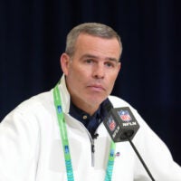 Feb 24, 2026; Indianapolis, IN, USA; Buffalo Bills general manager Brandon Beane speaks at the NFL Scouting Combine at the Indiana Convention Center.