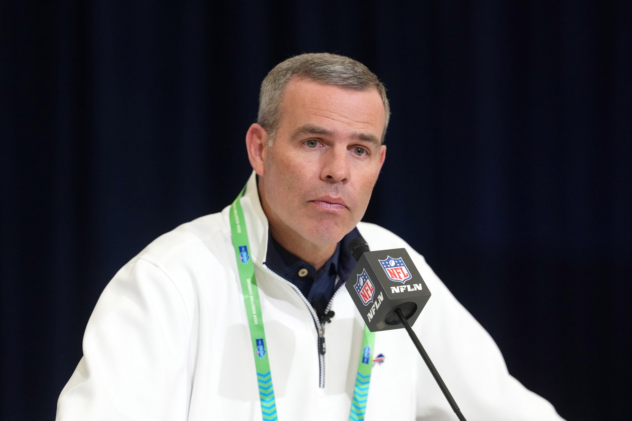 Feb 24, 2026; Indianapolis, IN, USA; Buffalo Bills general manager Brandon Beane speaks at the NFL Scouting Combine at the Indiana Convention Center.