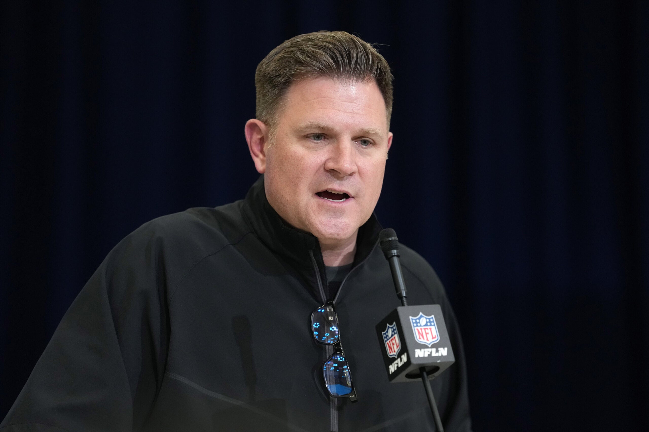 Feb 24, 2026; Indianapolis, IN, USA; Green Bay Packers general manager Brian Gutekunst speaks at the NFL Scouting Combine at the Indiana Convention Center.
