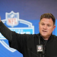 Feb 24, 2026; Indianapolis, IN, USA; Green Bay Packers general manager Brian Gutekunst speaks at the NFL Scouting Combine at the Indiana Convention Center.