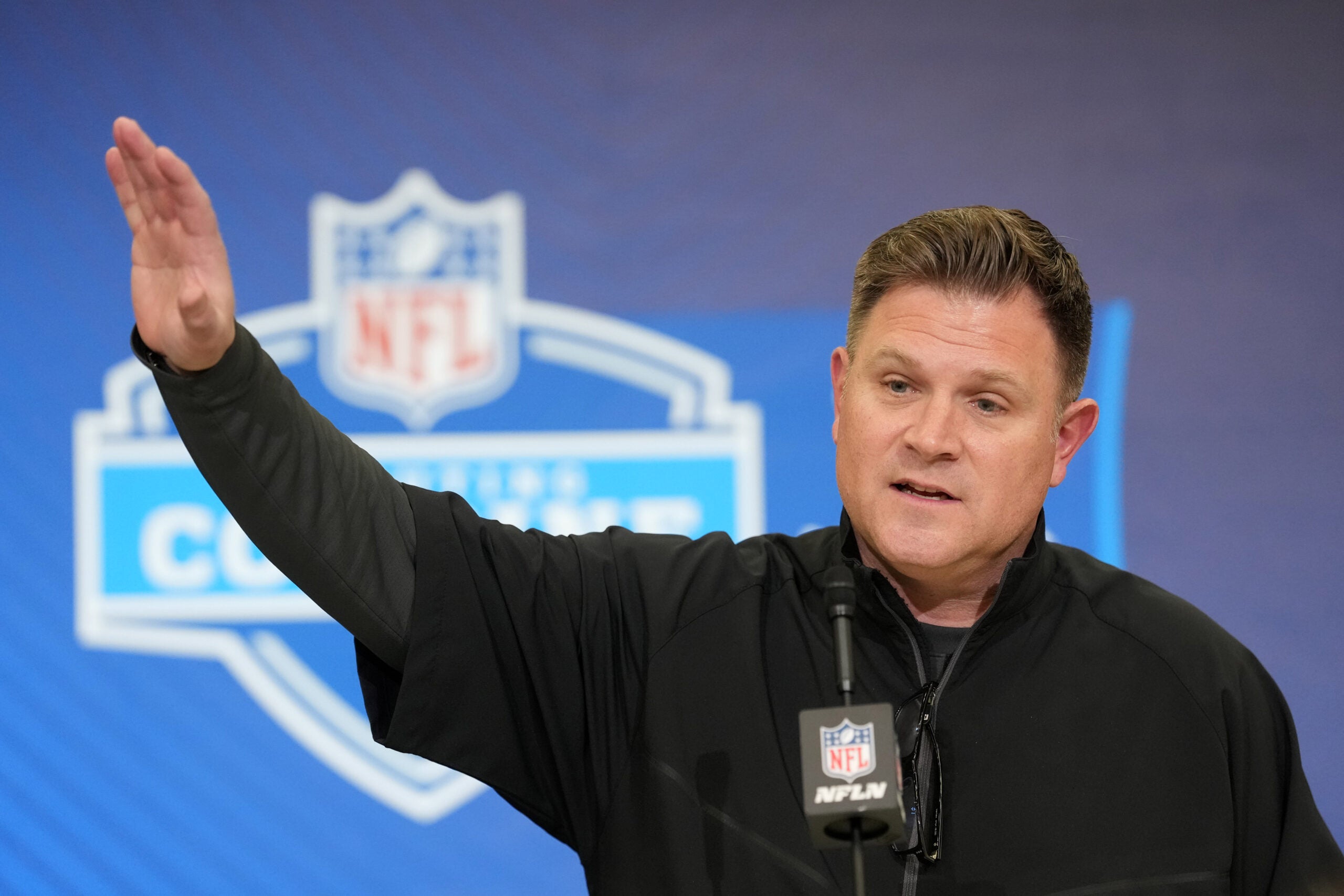 Feb 24, 2026; Indianapolis, IN, USA; Green Bay Packers general manager Brian Gutekunst speaks at the NFL Scouting Combine at the Indiana Convention Center.