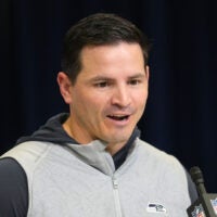 Feb 25, 2026; Indianapolis, IN, USA; Seattle Seahawks coach Mike Macdonald speaks during the NFL Scouting Combine at the Indiana Convention Center.