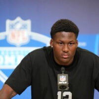Feb 25, 2026; Indianapolis, IN, USA; Texas linebacker Anthony Hill (LB12) speaks during the NFL Scouting Combine at the Indiana Convention Center.