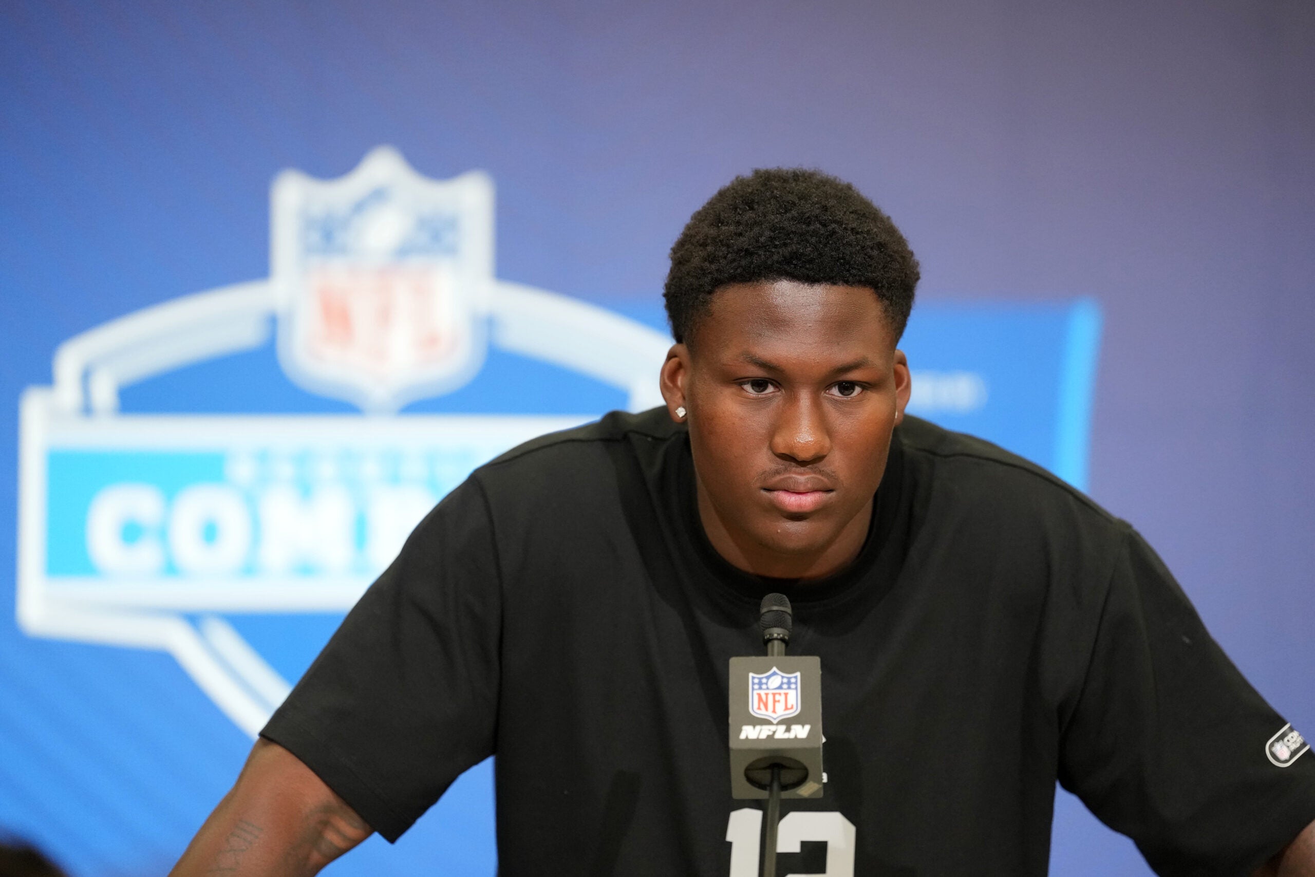 Feb 25, 2026; Indianapolis, IN, USA; Texas linebacker Anthony Hill (LB12) speaks during the NFL Scouting Combine at the Indiana Convention Center.