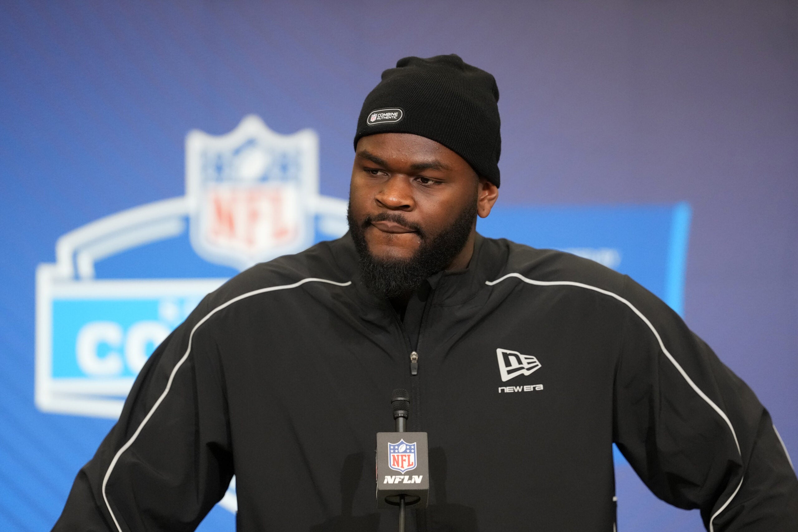 Feb 25, 2026; Indianapolis, IN, USA; Florida defensive lineman Caleb Banks (DL02) speaks during the NFL Scouting Combine at the Indiana Convention Center.
