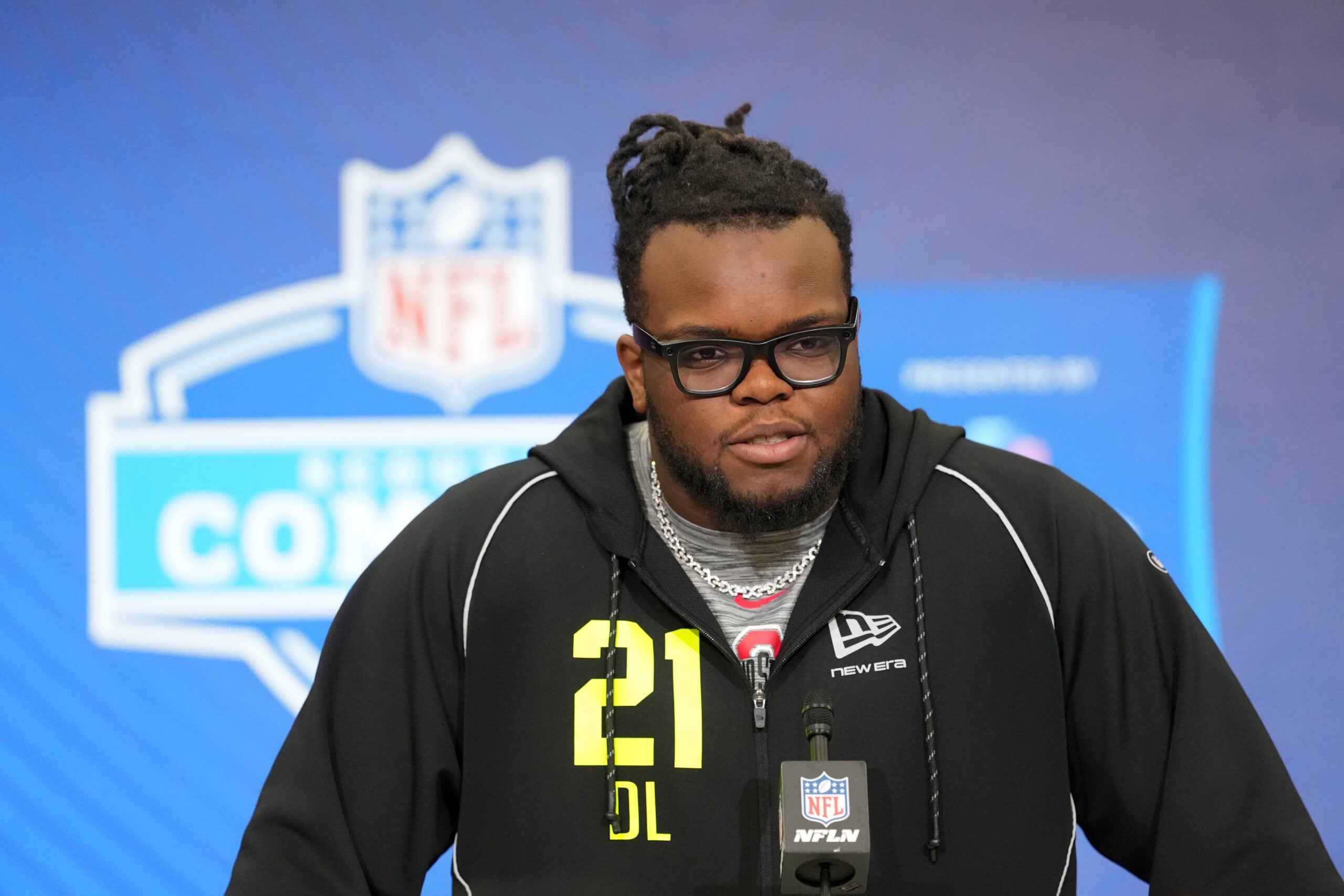 Feb 25, 2026; Indianapolis, IN, USA; Ohio State defensive lineman Kayden McDonald (DL21) speaks during the NFL Scouting Combine at the Indiana Convention Center.