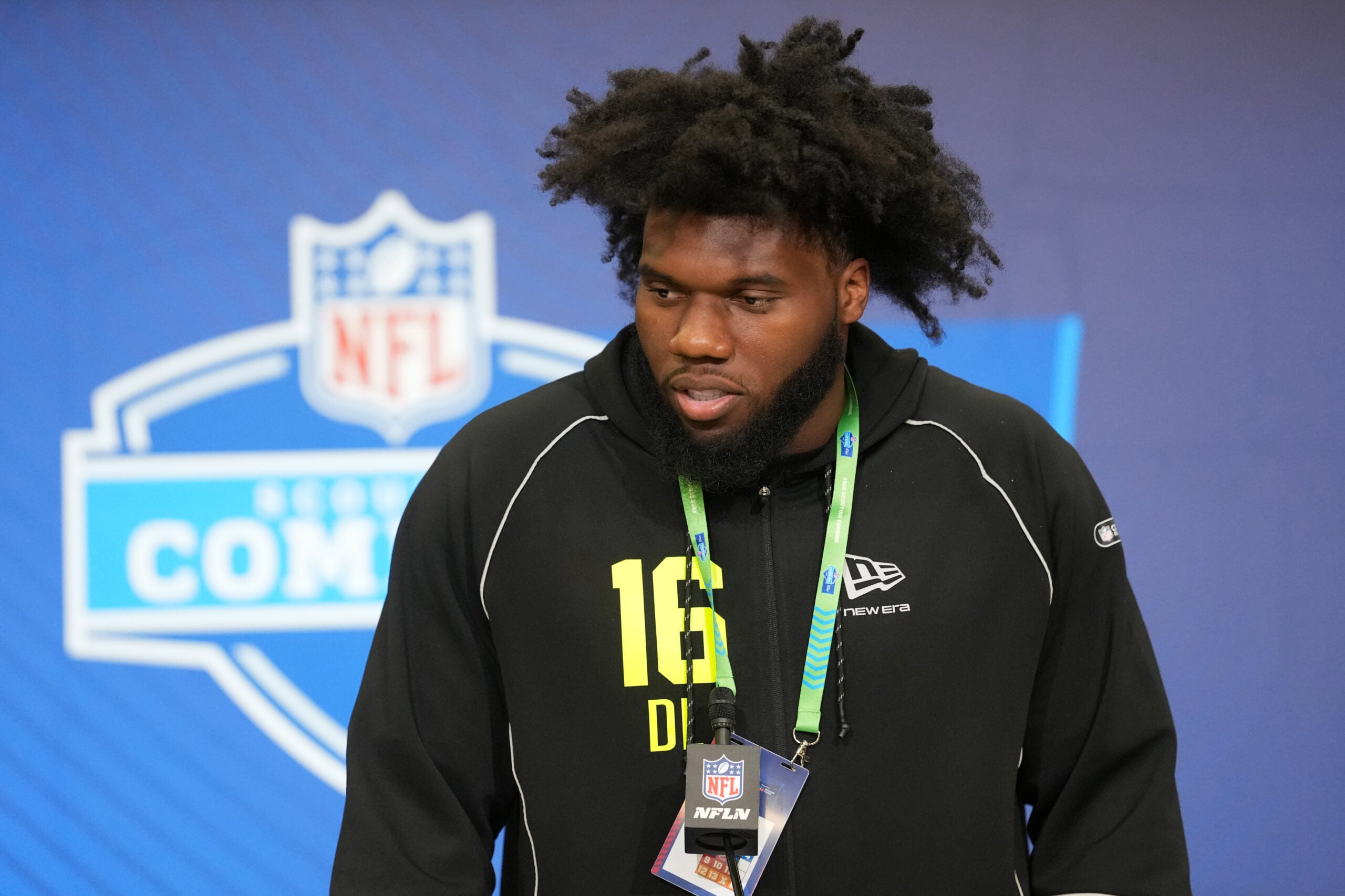 Feb 25, 2026; Indianapolis, IN, USA; Florida State defensive lineman Darrell Jackson (DL16) speaks during the NFL Scouting Combine at the Indiana Convention Center.