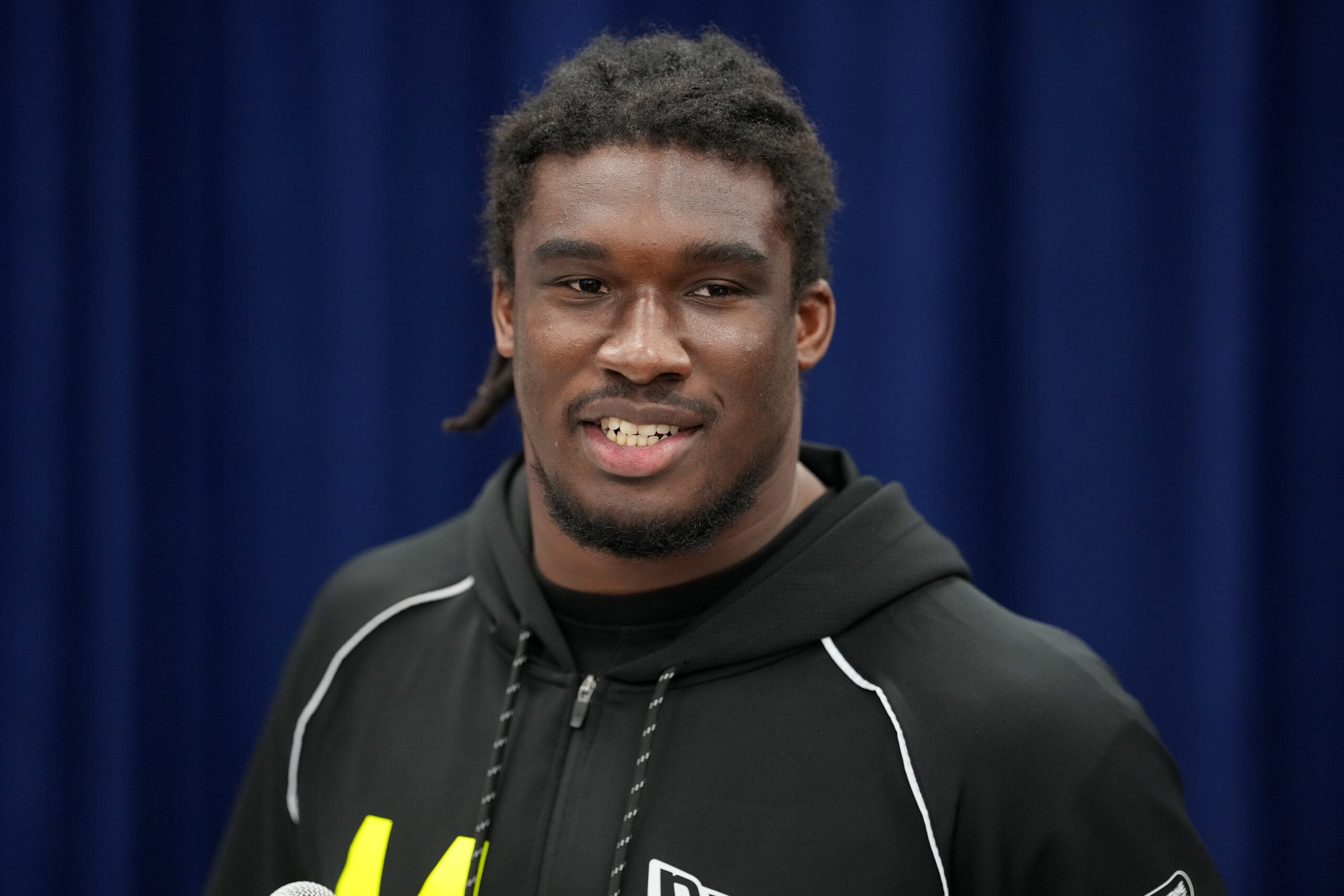 Feb 25, 2026; Indianapolis, IN, USA; Illinois defensive lineman Gabe Jacas (DL44) speaks during the NFL Scouting Combine at the Indiana Convention Center.