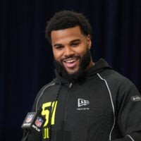 Feb 25, 2026; Indianapolis, IN, USA; Miami defensive lineman Akheem Mesidor (DL51) speaks during the NFL Scouting Combine at the Indiana Convention Center.