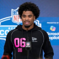 Feb 26, 2026; Indianapolis, IN, USA; LSU defensive back Mansoor Delane (DB06) speaks to media members during the NFL Combine at the Indiana Convention Center.
