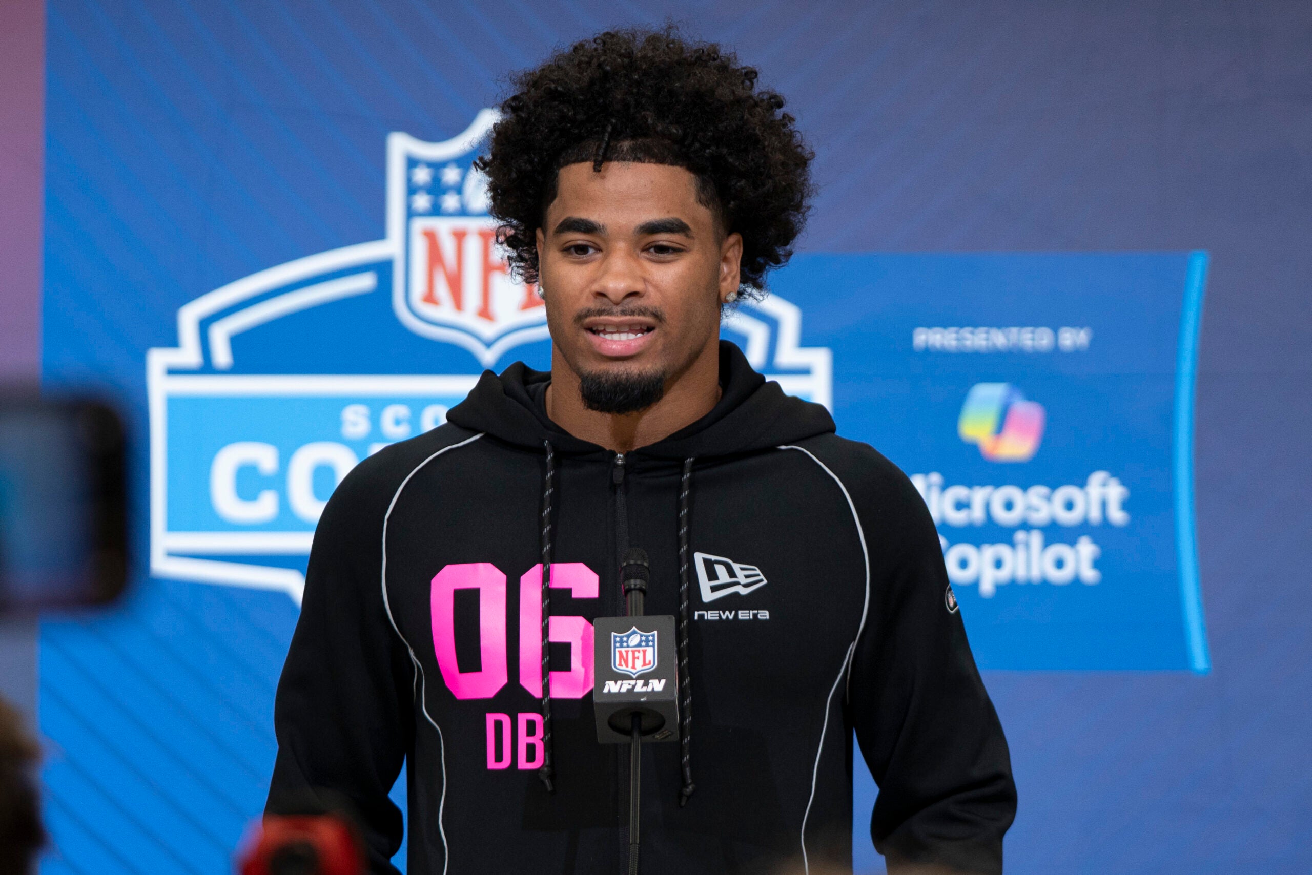 Feb 26, 2026; Indianapolis, IN, USA; LSU defensive back Mansoor Delane (DB06) speaks to media members during the NFL Combine at the Indiana Convention Center.