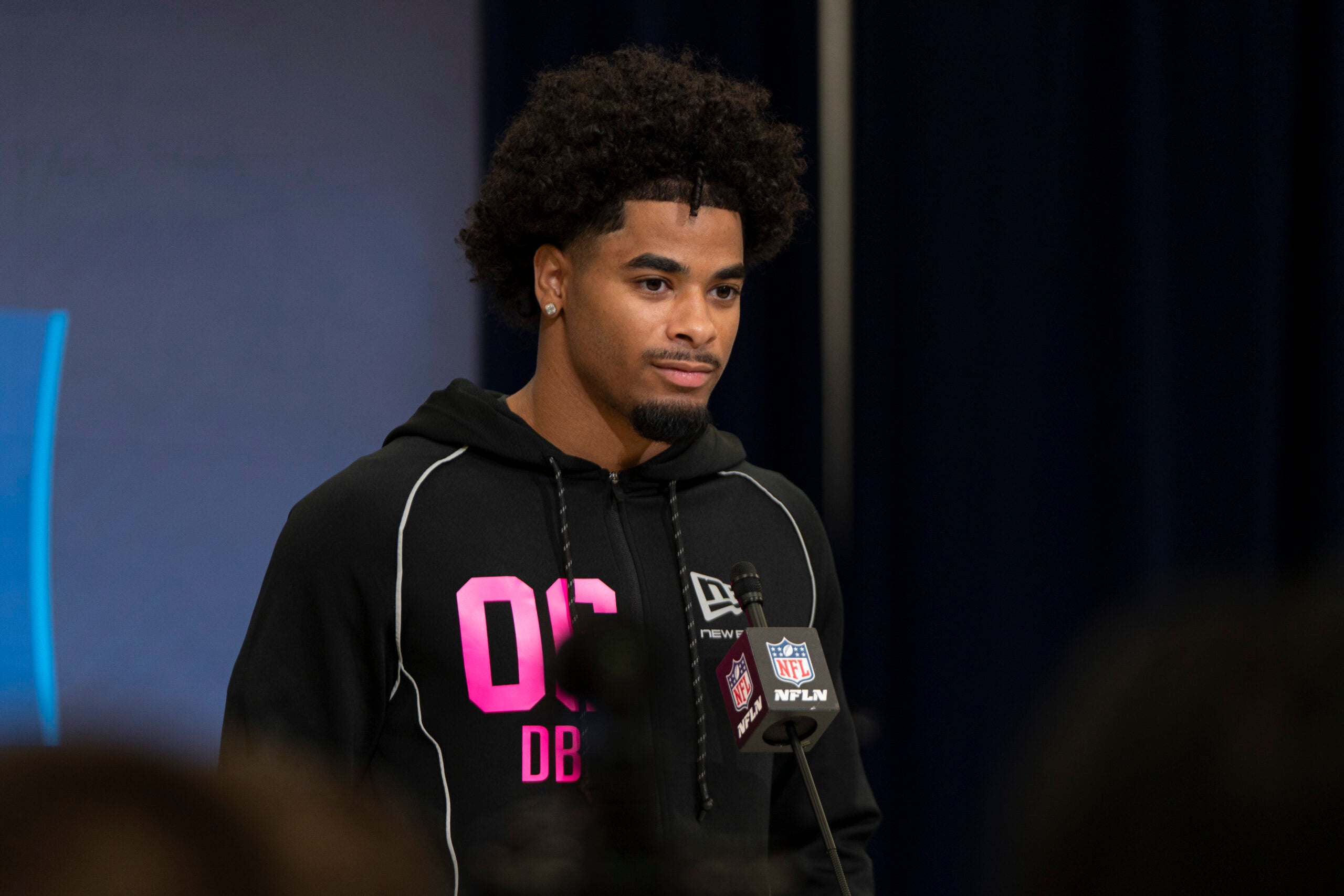 Feb 26, 2026; Indianapolis, IN, USA; LSU defensive back Mansoor Delane (DB06) speaks to media members during the NFL Combine at the Indiana Convention Center.